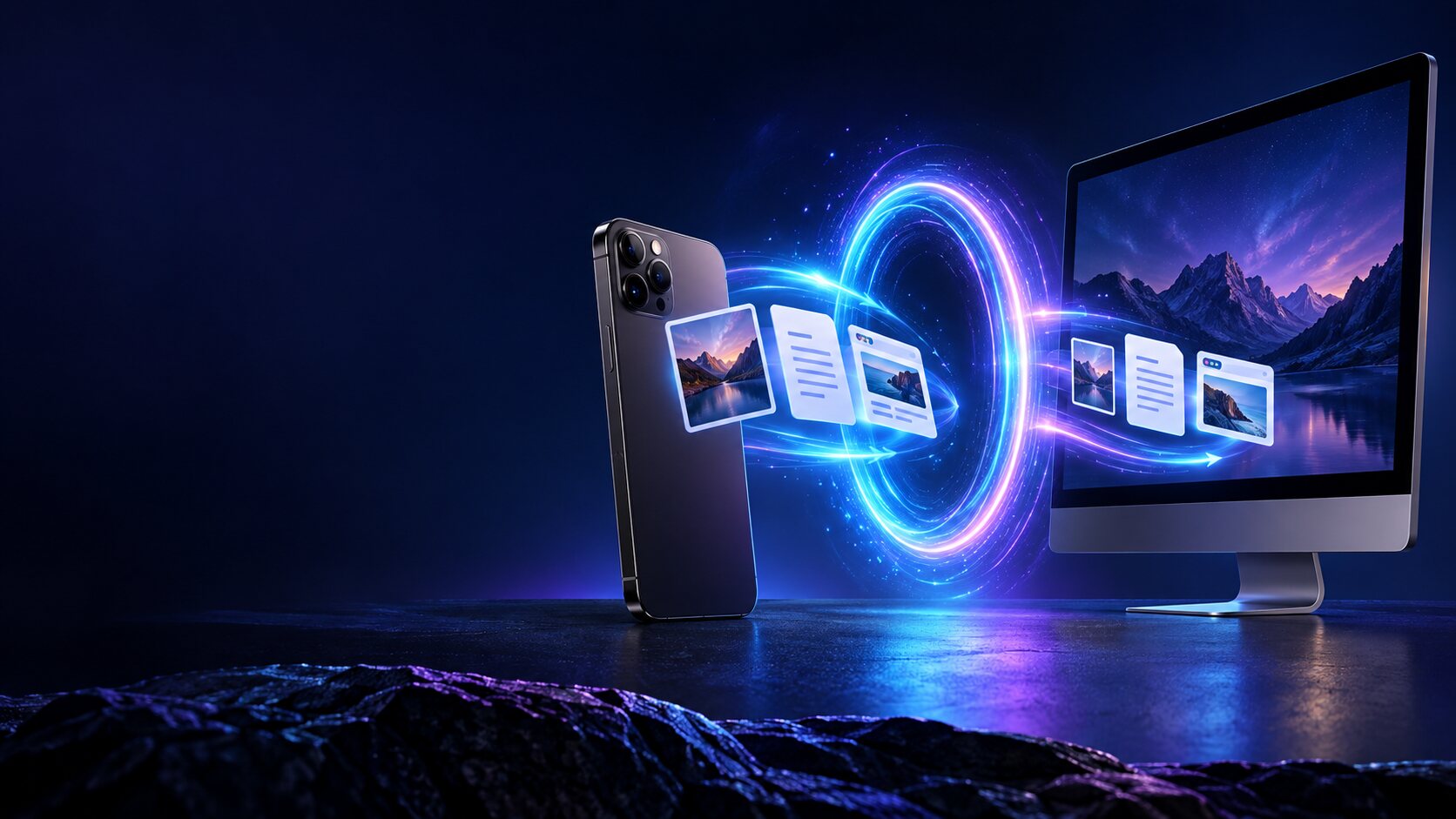A phone and desktop display exchange files through a glowing blue and violet portal.